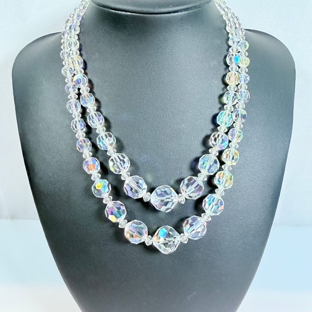 Vintage AB Crystal Necklace Double Strand Graduated Adjustable 13-15.5 in